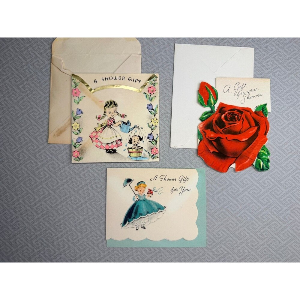Kitsch Vintage Baby Shower Gift Cards Lot of 3 MCM 1954 Gibson Norcross USA